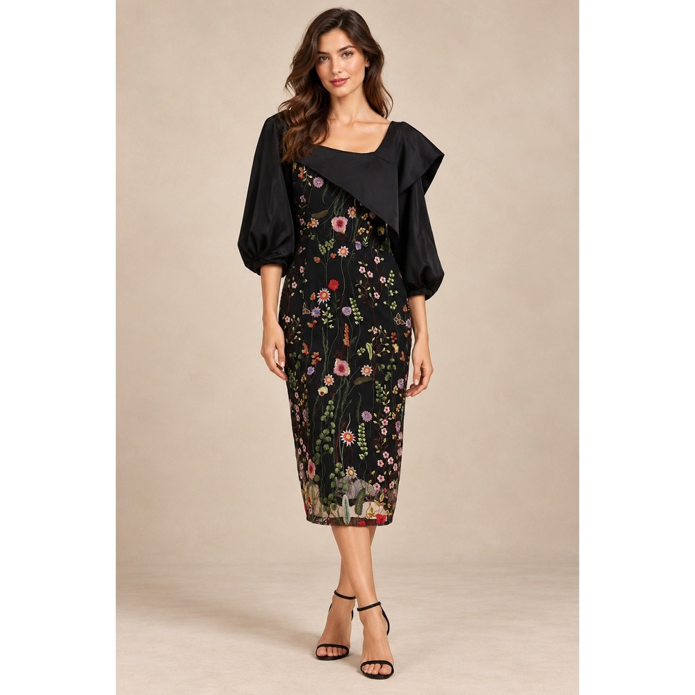Black Floral Embroidered Midi Dress Square Neck Satin Puff Sleeve Butterfly XL